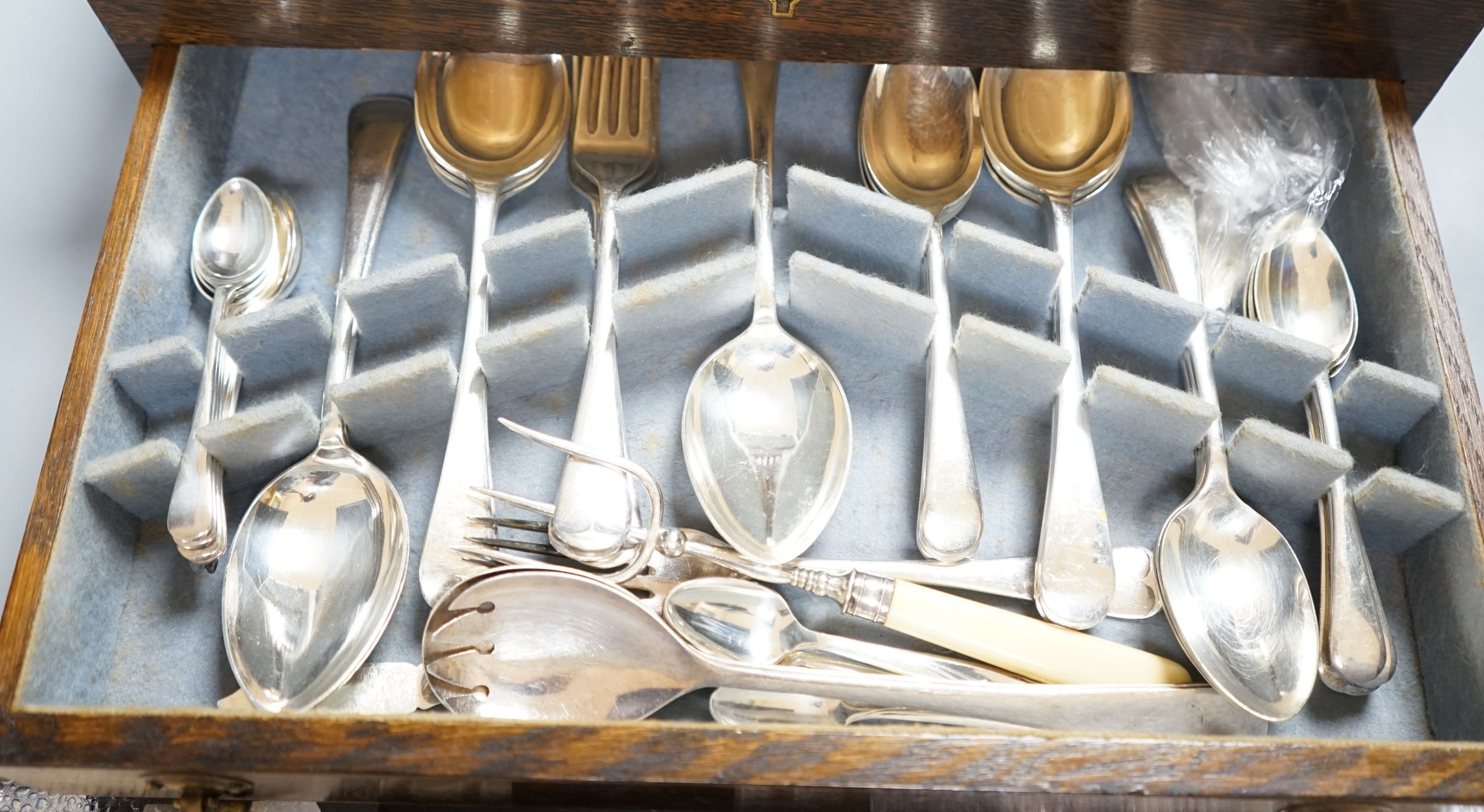 An oak cased canteen of plated cutlery and other flatware